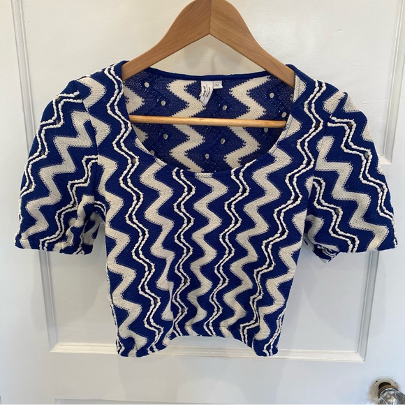 Women's & Other Stories Cropped Woven Top, Wavy Blue/White Size XS - Picture 3 of 7